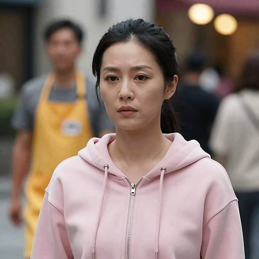 Serious Asian Woman in Pink Hoodie