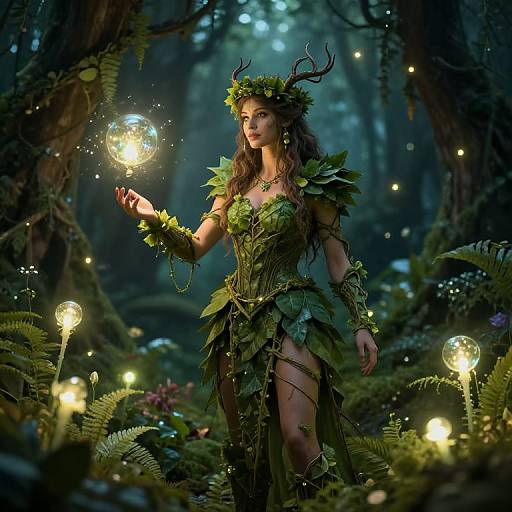 Photograph-style digital artwork of a green-leaved, antlered forest fairy with glowing lights, standing in a mystical, dark forest.