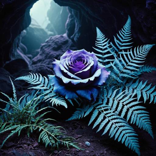 Violet Sapphire Rose with Teal Ferns in Cavern Violet Sapphire Rose with Teal Ferns in Cavern