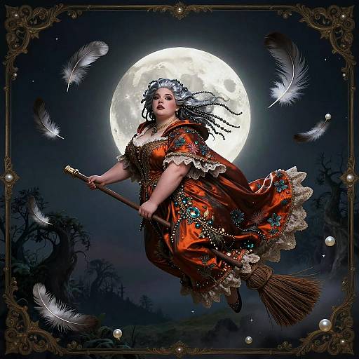 Whimsical Gothic Witch on Moonlit Broom