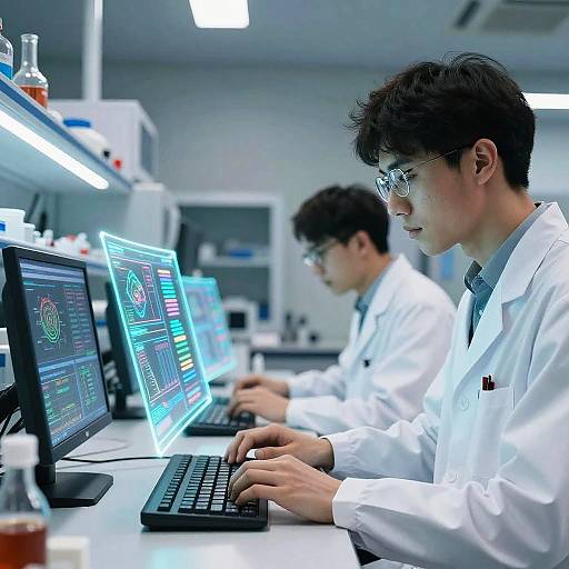 Photograph of two Asian male scientists in white lab coats, wearing glasses, focused on glowing computer screens in a bright, modern lab.
