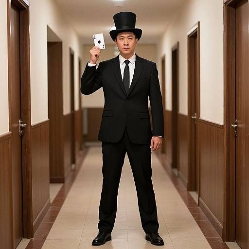 Photograph of an Asian man in a black suit and top hat, standing in a hallway, holding a playing card (Ace of Spades) above