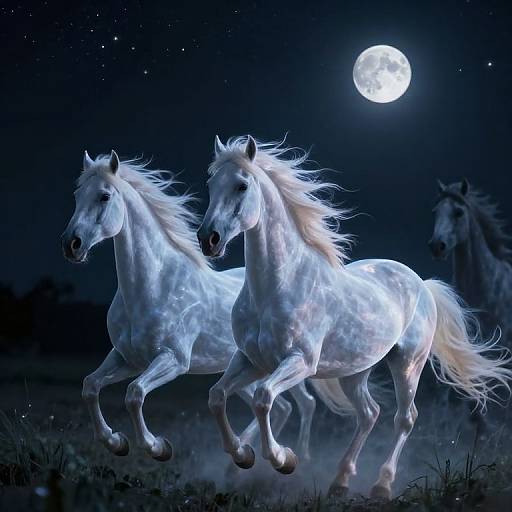 Photorealistic digital artwork of two glowing white horses galloping under a full moonlit night sky, with stars and a distant palm tree in the