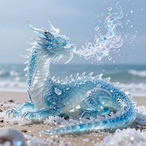 Digital art of a shimmering blue aquatic dragon with glowing scales and a swirling water breath, lying on a sandy beach with ocean waves in the background.