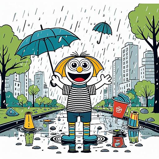 Playful Sock Puppet in Rainy City Park