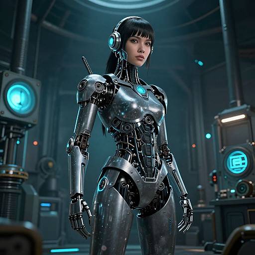 CGI image of a sleek, silver, female humanoid robot with glowing blue accents, standing in a futuristic, dimly lit laboratory.