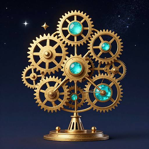Digital art of a golden gear tree with glowing blue cogs, set against a dark starry background. Steampunk-inspired, intricate design.
