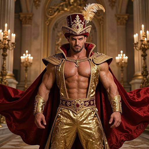 Muscular man in ornate, gold and red royal attire with feathered hat, standing in opulent, candlelit hall. Baroque-style background