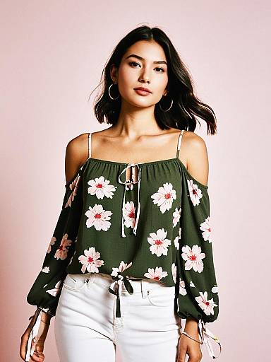 Woman in Olive Green Floral Cold-Shoulder Top