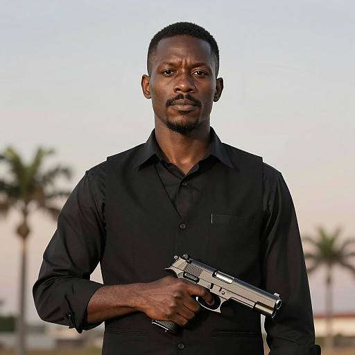 Stylish Man with Handgun in Sunset