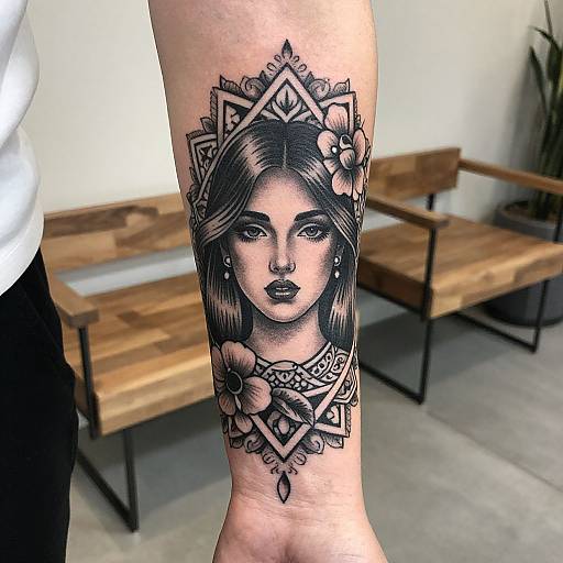 Black-and-gray tattoo of a serene woman with flower crown and geometric patterns on forearm, set against a modern, minimalist bench background.