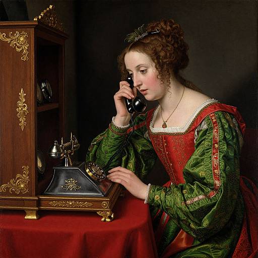 Renaissance painting of a fair-skinned woman in a green and red dress, talking on a black phone, beside an ornate wooden cabinet.