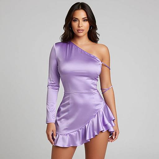Photograph of a woman with medium brown skin and black hair, wearing a shiny, lavender one-shoulder, long-sleeve mini dress with
