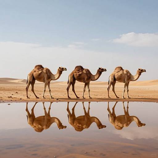 Photograph of three camels walking in a sandy desert, reflected in a calm puddle under a clear blue sky.