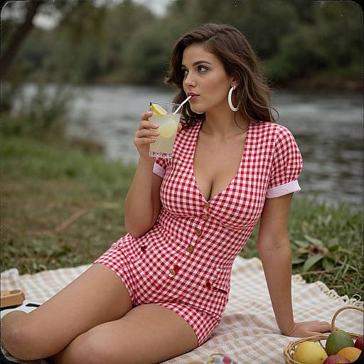 Photograph of a brunette woman in a red checkered dress, sipping lemonade by a river, sitting on a picnic blanket with fruit.