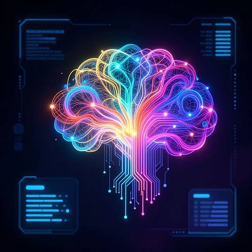 Neon digital illustration of a glowing, colorful brain with intertwined, luminous lines and circuitry, set against a dark, tech-themed background.