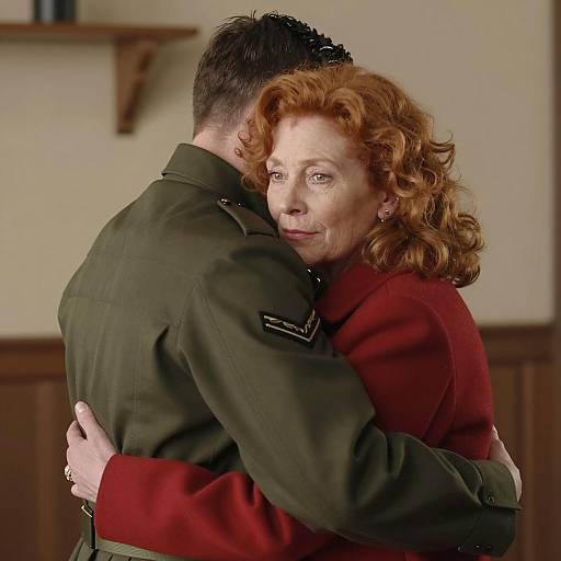 Middle-aged woman hugging man in military uniform