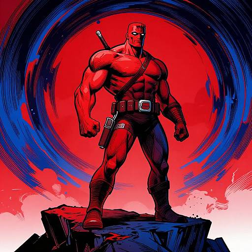 Muscular, red-skinned superhero with a sword on his back, standing on a rock, surrounded by a vibrant red and blue circular energy pattern.