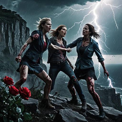 Female Zombies Fighting on Cliff During Lightning Strike