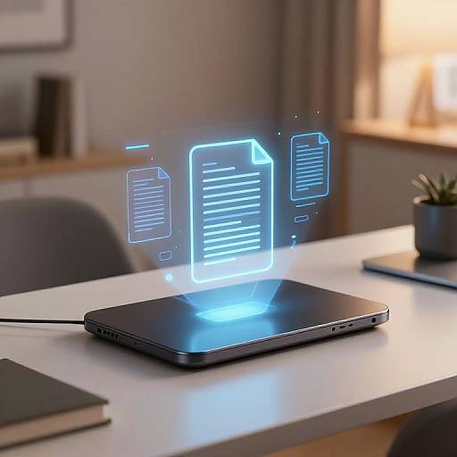 Photograph of a black laptop on a white desk, emitting blue holographic documents, in a softly lit, modern office.