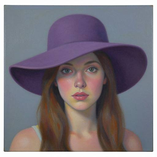 Digital painting of a young woman with fair skin, blue eyes, and pink lips, wearing a large purple hat and white top, against a gray background