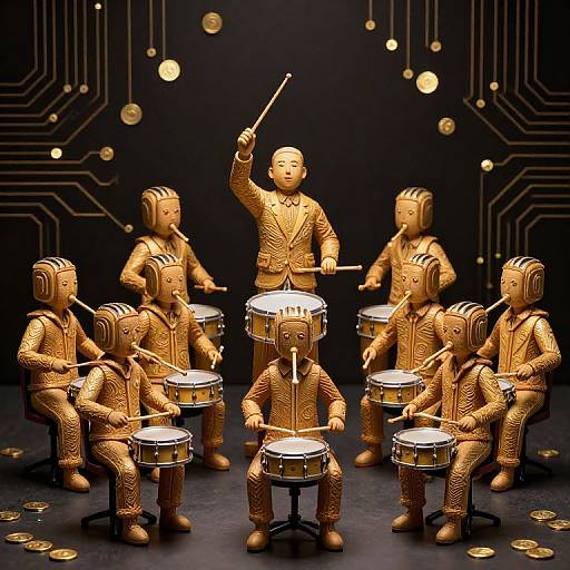 Photograph of golden, intricately detailed figurines playing drums and a conductor's stand, arranged in a circle against a black, circuit-like background with