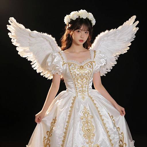 Photograph of an East Asian woman with white angel wings, wearing a white and gold embroidered dress, and a flower crown, against a black background.