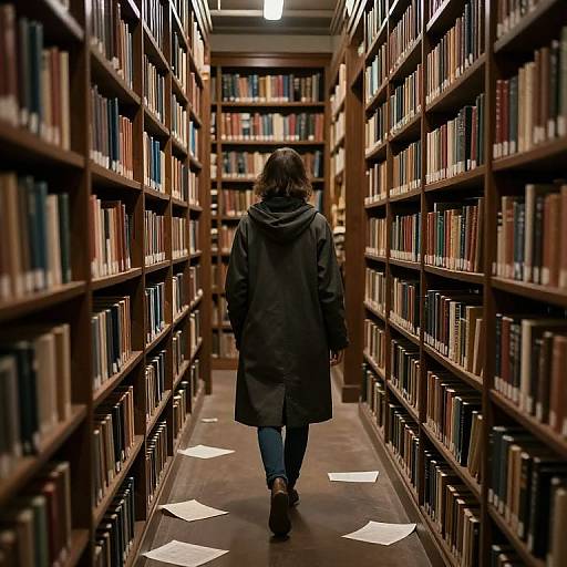 Photograph of a person in a black coat and blue jeans walking down a dimly lit library aisle, surrounded by tall, filled bookshelves with
