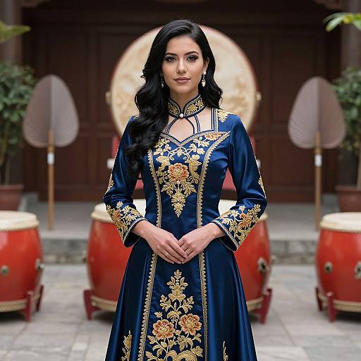 Photograph of a beautiful Asian woman with long black hair, wearing an ornate navy blue traditional dress with gold embroidery, standing in front of traditional red