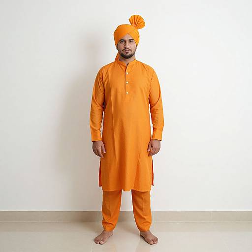 Photograph of a South Asian man with dark skin, beard, and mustache, wearing an orange traditional Punjabi kurta-pajama and matching