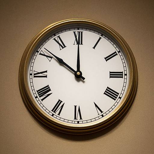 Photograph of a classic round wall clock with a gold frame, white face, black Roman numerals, and black hands, against a beige wall.