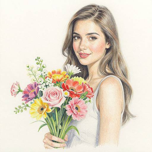 Digital drawing of a smiling woman with long brown hair, wearing a white tank top, holding a vibrant bouquet of colorful flowers.