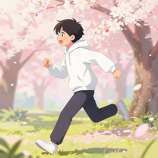 Anime Boy Running in Cherry Blossoms