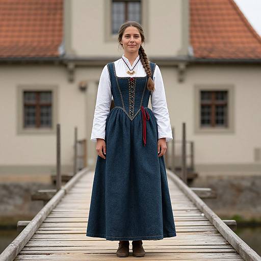 Photograph of a smiling young woman with long brown braid, wearing a white blouse and blue dirndl dress, standing on a wooden bridge in front
