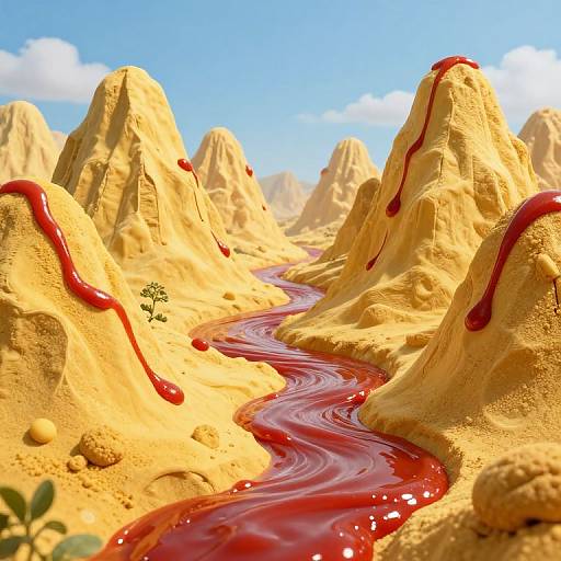 Digital art of a surreal, yellow desert landscape with red, winding lava-like river and dripping red sauce on sand dunes under a bright blue sky.