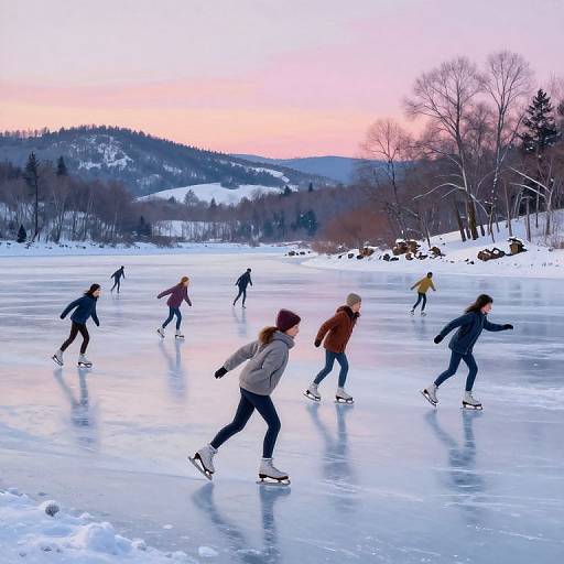 Photograph of six people ice skating on a frozen lake at sunset, wearing winter clothing, with a pink and blue sky and snow-covered trees in the