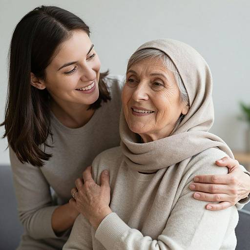 Photograph of a smiling young woman with dark hair hugging an elderly woman in a beige hijab and sweater, both wearing light gray clothes, against