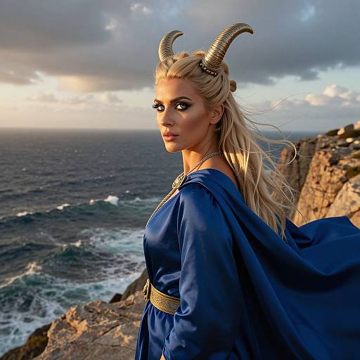 Photograph of a blonde woman with golden horns, wearing a blue cape and dress, standing on a rocky cliffside overlooking a stormy ocean at sunset