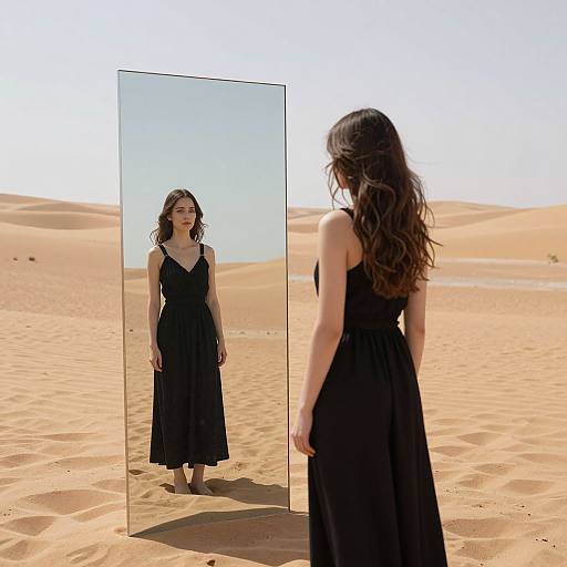 Photograph of a woman with long brown hair in a black dress standing in a desert, reflecting in a full-length mirror. Sunlit sand dunes