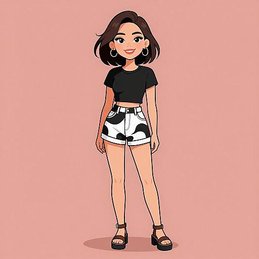 Digital cartoon of a smiling young woman with medium skin, dark brown bob haircut, black top, white high-waisted shorts, hoop earrings, black