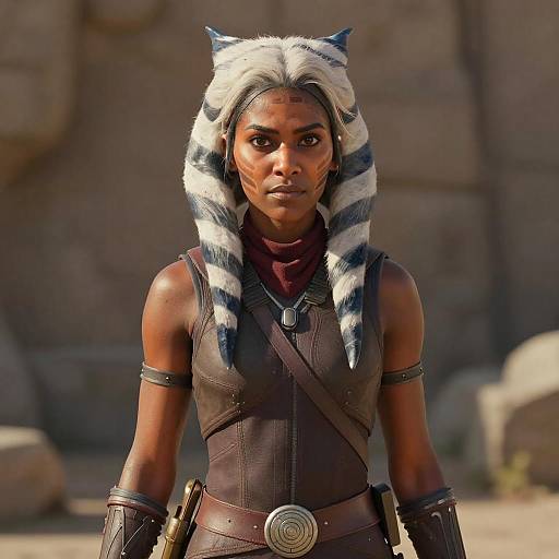 Photorealistic CGI of a dark-skinned woman with white and blue striped lekku, wearing brown leather armor and standing in a rocky desert background