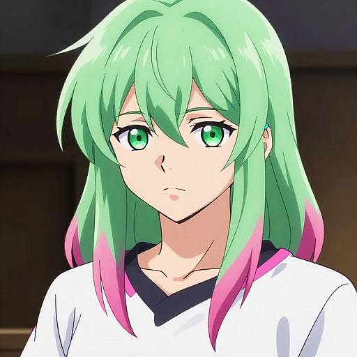 Anime-style digital drawing of a green-eyed, green-haired girl with pink-tipped hair, wearing a white shirt with a black collar, looking serious.