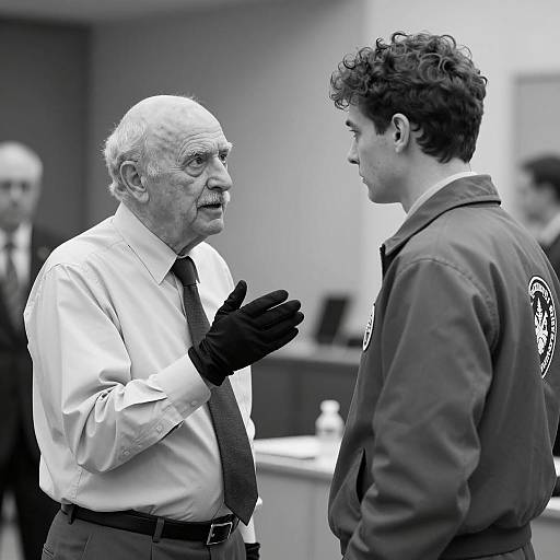 Conversing Men in Black and White Photo