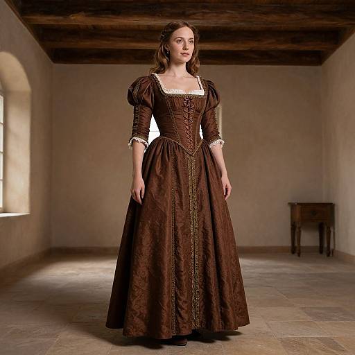 Photograph of a young woman in a brown, Victorian-style, long-sleeved, lace-trimmed dress, standing in a dimly lit