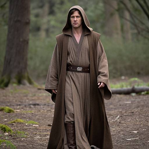 Photograph of a serious-looking man in a brown hooded robe with a black belt, standing in a dense, mossy forest.