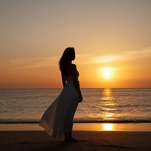 Silhouetted woman in flowing white dress, standing on beach at sunset, ocean in background, vibrant orange and yellow sky, sun reflecting on water