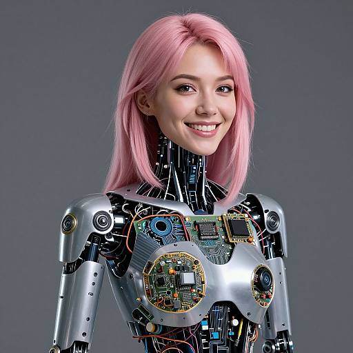 Photorealistic CGI of a smiling young woman with pink hair, wearing a futuristic, silver robotic suit with visible circuit boards and wires against a gray background
