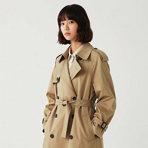 Photograph of a young Asian woman with short black hair, wearing a beige trench coat, hands in pockets, white background.