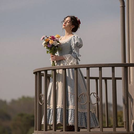 Photograph of a woman in a light blue Victorian dress, holding a colorful bouquet, standing on a balcony with iron railing, gazing skyward.