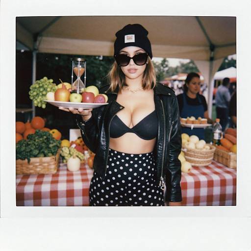 Photograph of a woman with blonde hair, black beanie, sunglasses, black bra, leather jacket, polka dot skirt, holding tray with apples